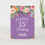 Carte 15e Birthday Watercolor Floral Flowers Purple<br><div class="desc">15e Birthday Watercolor Floral Flowers Purple Card with personalized name and age. For further customization,  please click the "Customize it" button and use our design tool to modify this template.</div>