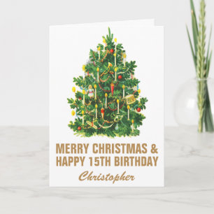 Carte 15e Joyeux anniversaire et Joyeux sapin de Noël
