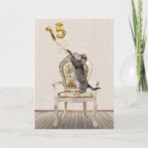Carte 15th Birthday Balloons and Tabby Cat