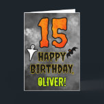 Carte 15th Birthday : Eerie Halloween Theme   Custom Nam<br><div class="desc">The front of this spooky and scary Hallowe’en théed birthday greeting card design features a large number "15". It also features the message "HAPPY BIRTHDAY, " and a custom name. There are also depictions of a bat and a ghost on the front. The inside features a custom birthday greeting message,...</div>
