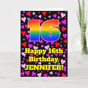 Carte 16e anniversaire : Amour Hearts Motif, Arc-en-ciel
