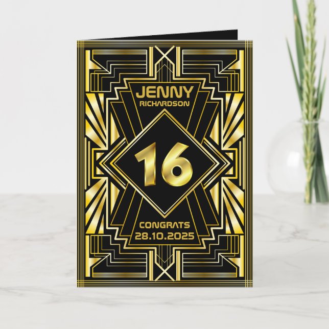 Carte 16e anniversaire Art Déco Gold Black Great Gatsby (Devant)