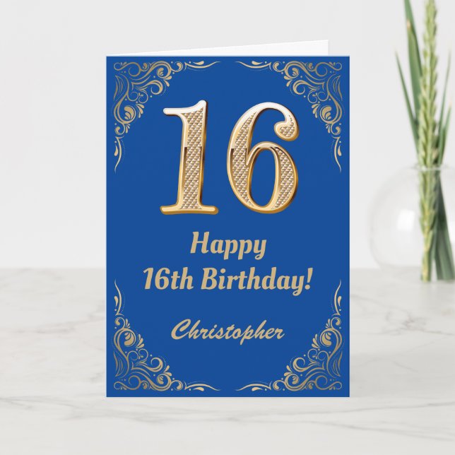 Carte 16e anniversaire Cadre Parties scintillant bleu et (Devant)