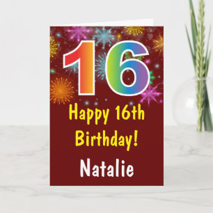Carte 16e anniversaire coloré arc-en-ciel feux d'artific