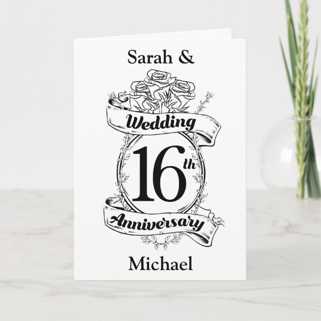 Carte 16e Anniversaire de Mariage Roses Noires et Blanch (Devant)
