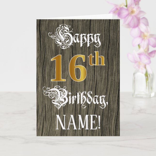 Carte 16e anniversaire : Faux Gold Look + Faux Wood Moti (Orchidée)