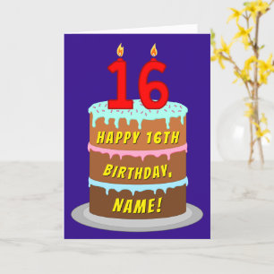 Carte 16e anniversaire : Fun Cake and Candles + Nom pers