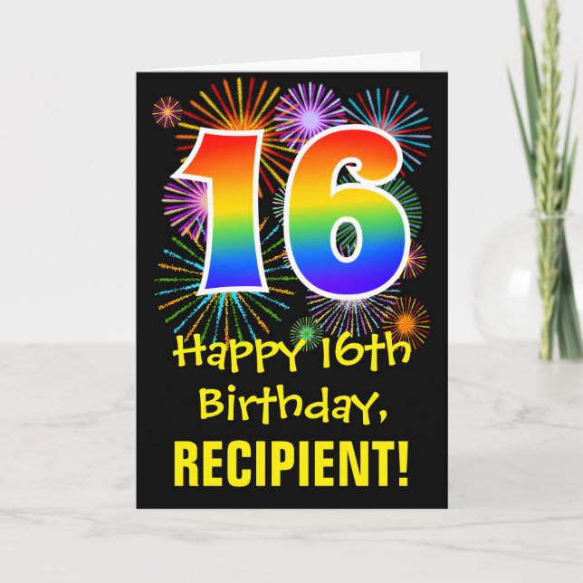 Carte 16e anniversaire : Fun Motif feux d'artifice + Arc (Devant)