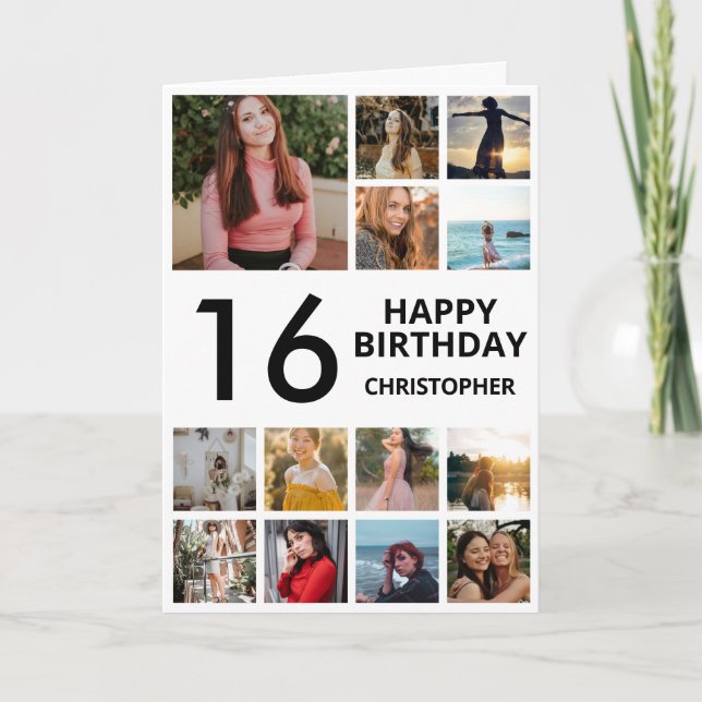 Carte 16e anniversaire Photo Collage 13 photos noir blan (Devant)