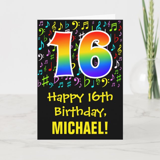 Carte 16e anniversaire : Symboles de musique colorée + A (Devant)