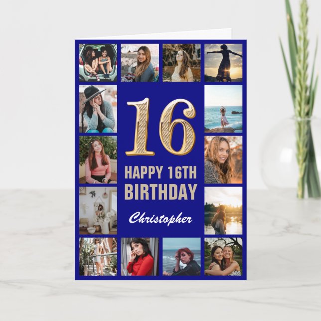 Carte 16e Joyeux anniversaire Marine Blue & Gold Photo C (Devant)