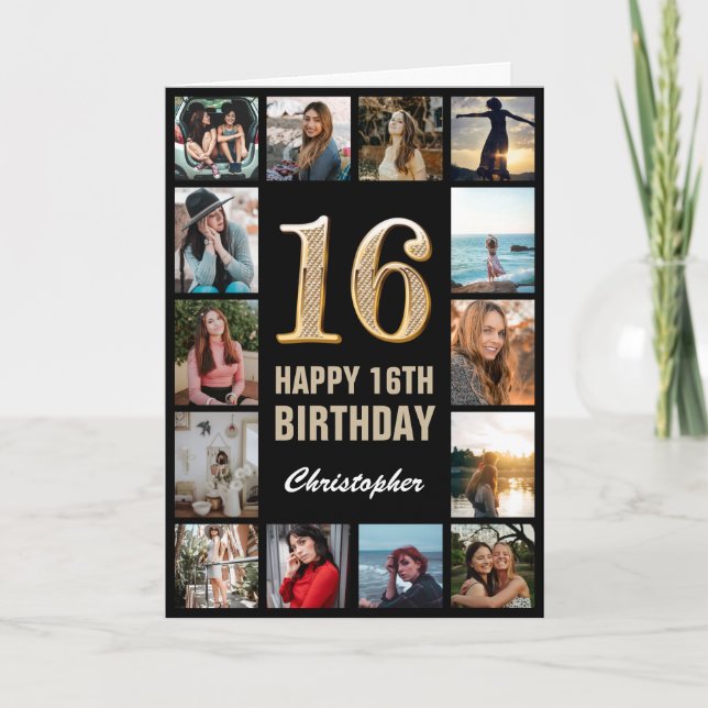 Carte 16e Joyeux anniversaire noir et or Collage photo (Devant)