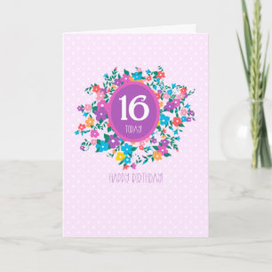 Carte 16ème anniversaire avec Fleurs et Pois