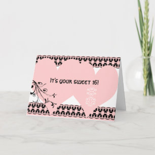 Carte 16ème anniversaire de bonbon rose à coeur