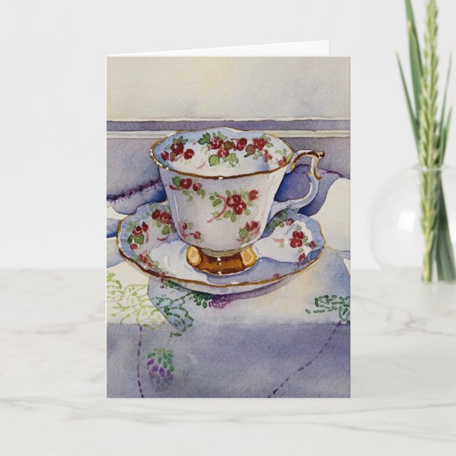 Carte 1799 Teacup on Linen Birthday Card (Devant)