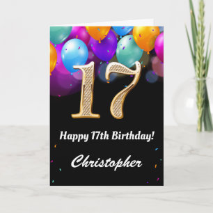 Carte 17e anniversaire Ballons noirs et dorés