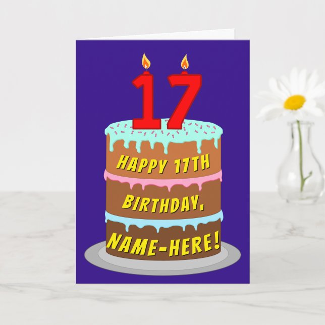 Carte 17e anniversaire : Gâteau et bougies amusants + No (Petite plante)