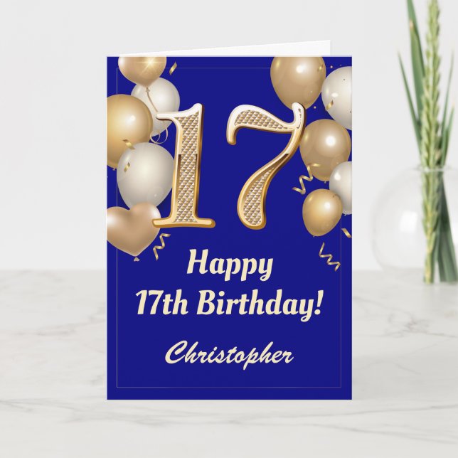 Carte 17e anniversaire Marine Bleu et Ballons d'or Confe (Devant)