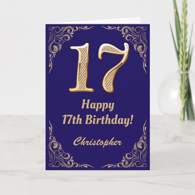 Carte 17e anniversaire Marine Blue and Gold Parties scin (Devant)