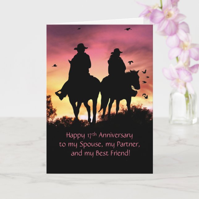 Carte 17e anniversaire mignonne et douce cowboy et cowgi (Orchidée)
