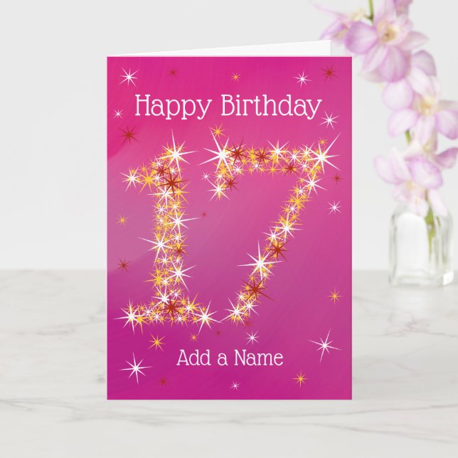 Carte 17e anniversaire - Numéro 17 en étoiles - Rose - Â (Orchidée)