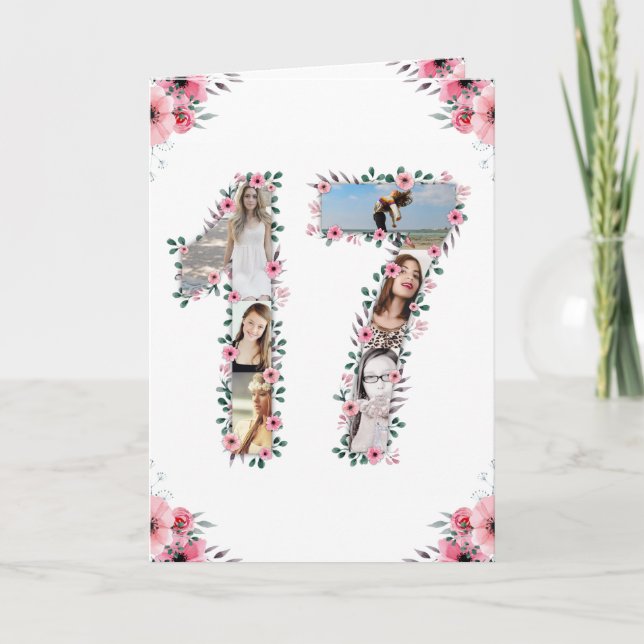 Carte 17e anniversaire Photo Collage Fille Rose Fleur Bl (Devant)