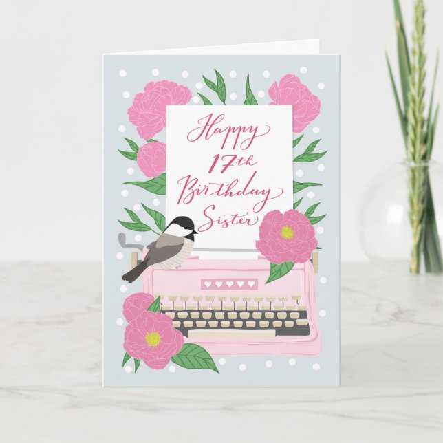 Carte 17e anniversaire pour Sœur | Machine à écrire et F (Devant)