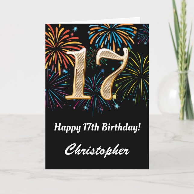 Carte 17e anniversaire Rainbow Fireworks noir et or (Devant)