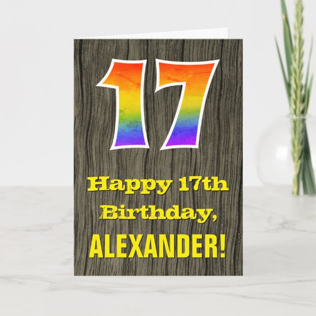 Carte 17e anniversaire : Rustic Faux Wood Look, Arc-en-c (Devant)