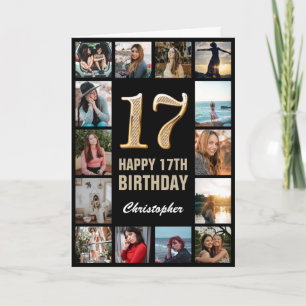 Carte 17e Joyeux Anniversaire Black and Gold Photo Colla