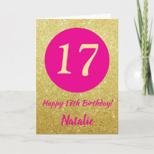 Carte 17e Joyeux anniversaire Hot rose et Parties scinti