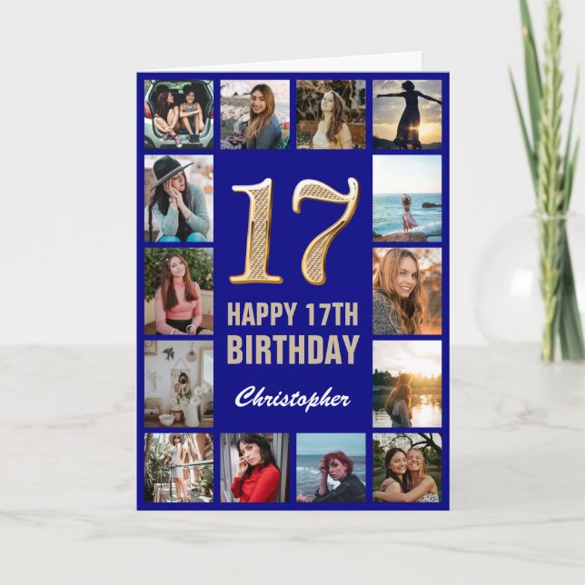 Carte 17e Joyeux anniversaire Marine Blue & Gold Photo C (Devant)