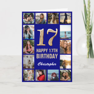 Carte 17e Joyeux anniversaire Marine Blue & Gold Photo C