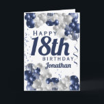 Carte 18e anniversaire Ballons bleus de la Marine<br><div class="desc">Une magnifique carte marine et ballon d'argent heureux 18ème anniversaire. Ce design fabuleux est la façon parfaite de souhaiter à quelqu'un un heureux dix-huitième anniversaire (ou n'importe quel âge!) Personnalisez avec notre propre nom et message personnalisés. Typographie de couleur bleue et somptueux ballons bleu marine et argent.</div>