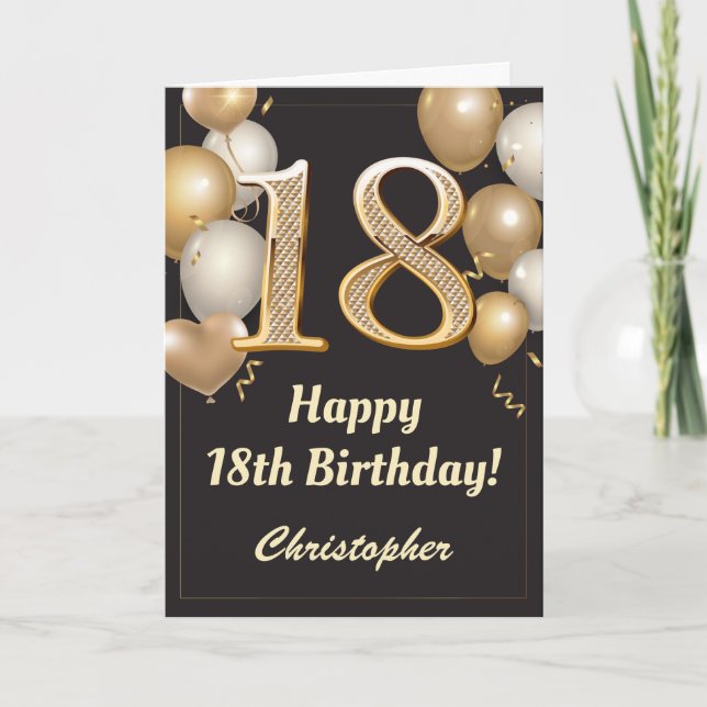 Carte 18e anniversaire Ballons Noir et Or Confetti (Devant)