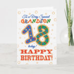 Carte 18e anniversaire coloré pour Grandson spécial<br><div class="desc">Une carte d'anniversaire colorée du 18ème anniversaire pour un "Très Special Grandson",  avec un numéro 18 à motifs vifs et le mot "Grandson",  avec des contours dorés,  sur un arrière - plan légèrement texturé.</div>