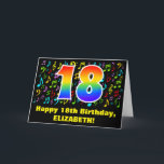 Carte 18e anniversaire: Colorful Music Symbols & Rainbow<br><div class="desc">This fun, exciting, and colorful birthday greeting card design features a large number "18" with a rainbow spectre gradient inspired pattern, along with the message "Happy 18th Birthday, ", and a customizable recipient name. The front also has a colorful music notes and symbools pattern. The inside features a customized birthday...</div>