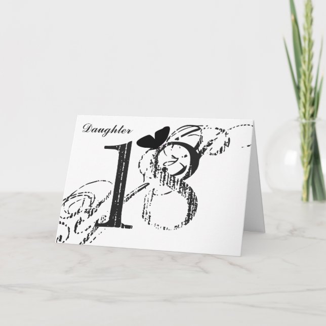 Carte 18e anniversaire, fille, papillon, noir & blanc. (Devant)