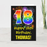 Carte 18e anniversaire : Fun Fireworks Motif   Rainbow 1<br><div class="desc">The front of this fun, exciting, and colorful birthday-themed greeting card design features a large number "18" with a rainbow spectre gradient inspired pattern, along with the message "Happy 18th Birthday, ", and a personalized recipient name. The front additionally has a colorful background pattern inspired by the look of bursting...</div>
