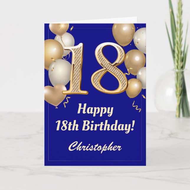 Carte 18e anniversaire Marine Bleu et Ballons d'or Confe (Devant)