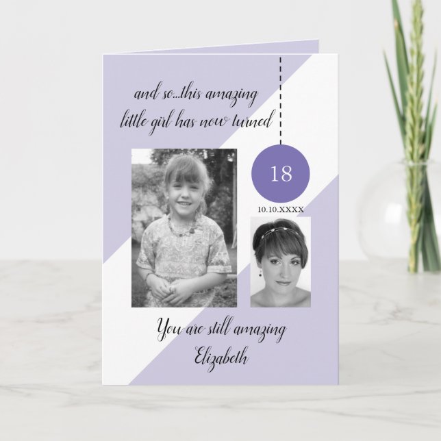 Carte 18e anniversaire nom date blanc violet photo (Devant)