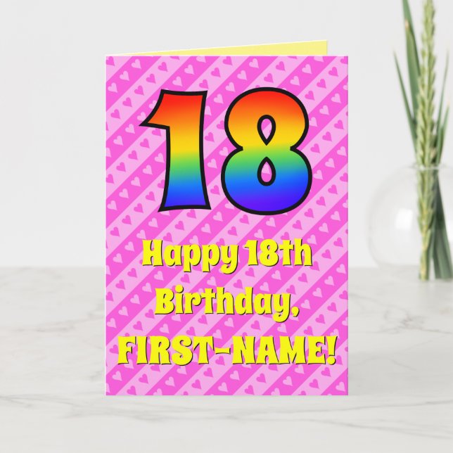 Carte 18e anniversaire : Pink Stripes & Hearts, Arc-en-c (Devant)