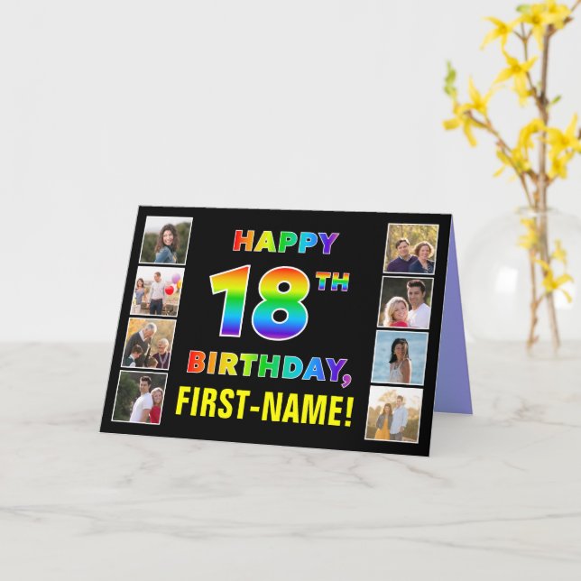 Carte 18e anniversaire : Rainbow Text, Custom Photos & N (Fleur jaune)
