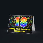 Carte 18e anniversaire : Symboles de musique colorée et<br><div class="desc">This fun, exciting, and colorful birthday greeting card design features a large number "18" with a rainbow spectre gradient inspired pattern, along with the message "Happy 18th Birthday, ", and a customizable recipient name. The front also has a colorful music notes and symbools pattern. The inside features a customized birthday...</div>