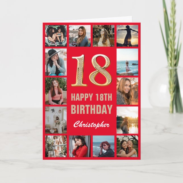 Carte 18e Joyeux Anniversaire Rouge et or Collage photo (Devant)