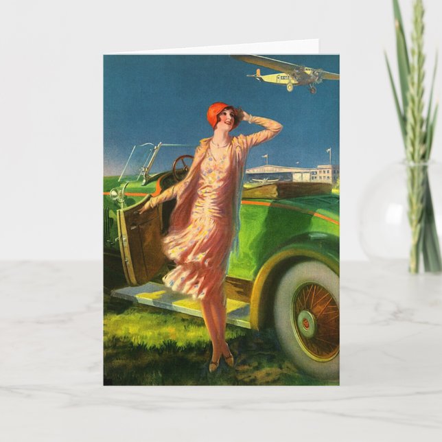 Carte 1930 femme voiture et avion (Devant)