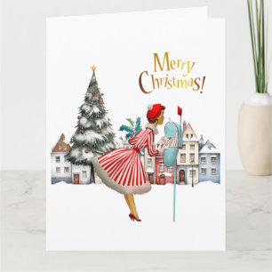 Carte 1950 Dame de Vintage affichant Joyeux Noël 