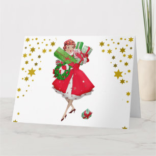 Carte 1950 Noël Dame faisant des achats de cadeaux