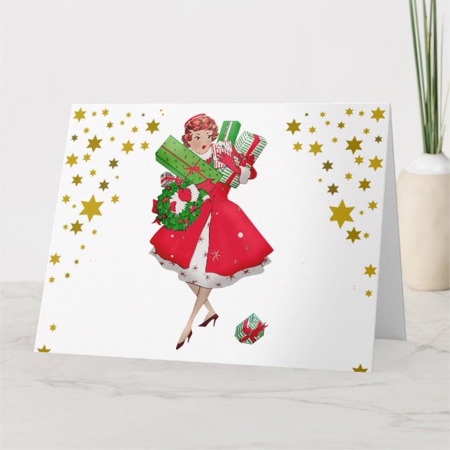 Carte 1950 Noël Dame faisant des achats de cadeaux    (Devant)