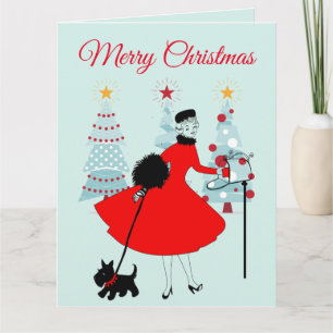 Carte 1950 Noël Vintage Dame avec Terrier Écossais